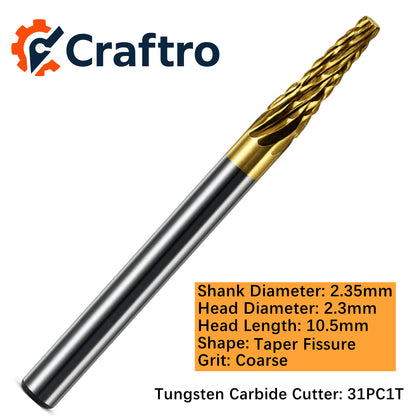 Craftro 3/32'' Carbide Cutter Bur Taper Fissure 31P Coarse Titanium Coated 1/pk