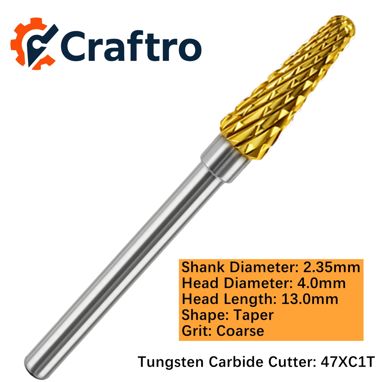 Craftro 3/32'' Carbide Cutter Bur Taper 47X Coarse Titanium Coated 1/pk 4*13mm
