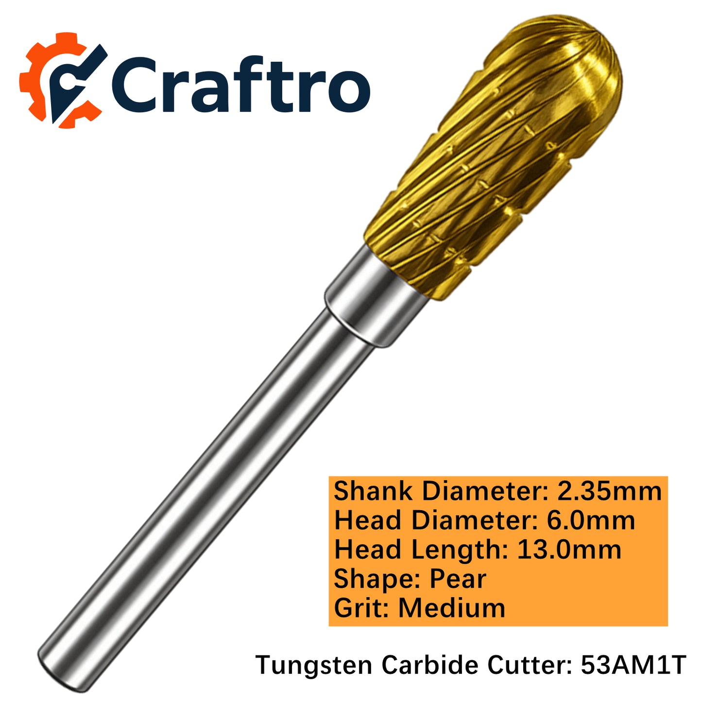 Craftro 3/32'' Carbide Cutter Bur Pear 53A Medium Titanium Coated 1/pk 6*13mm