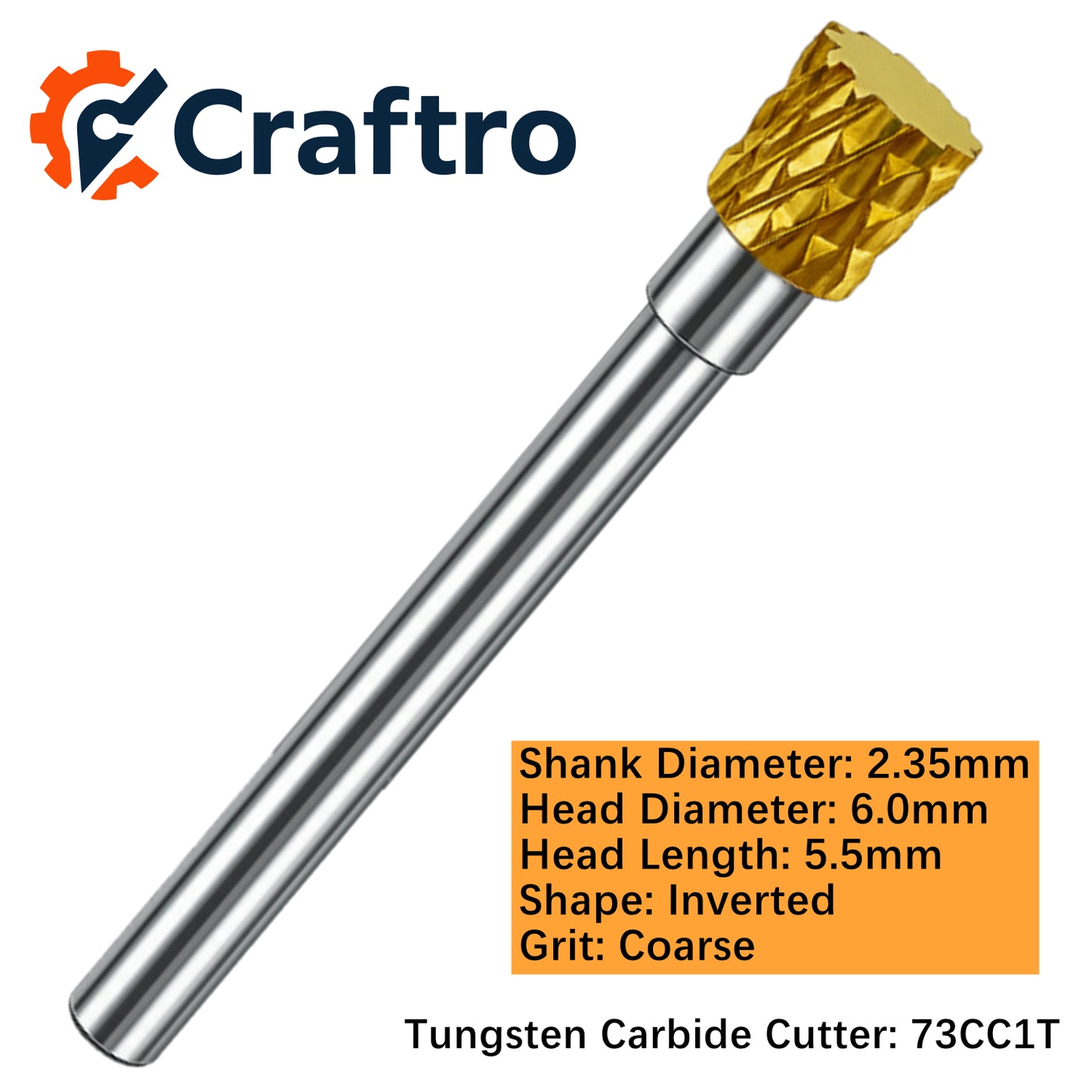 Craftro 3/32'' Carbide Cutter Bur Inverted 73C Coarse Titanium Coated 1/pk