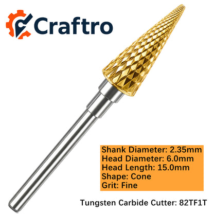 Craftro 3/32'' Carbide Cutter Bur Cone 82T Fine Titanium Coated 1/pk 6*15mm