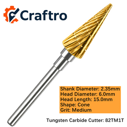 Craftro 3/32'' Carbide Cutter Bur Cone 82T Medium Titanium Coated 1/pk 6*15mm