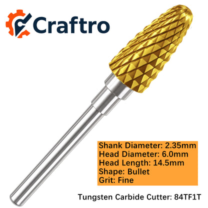 Craftro 3/32'' Carbide Cutter Bur Bullet 84T Fine Titanium Coated 1/pk 6*14.5mm
