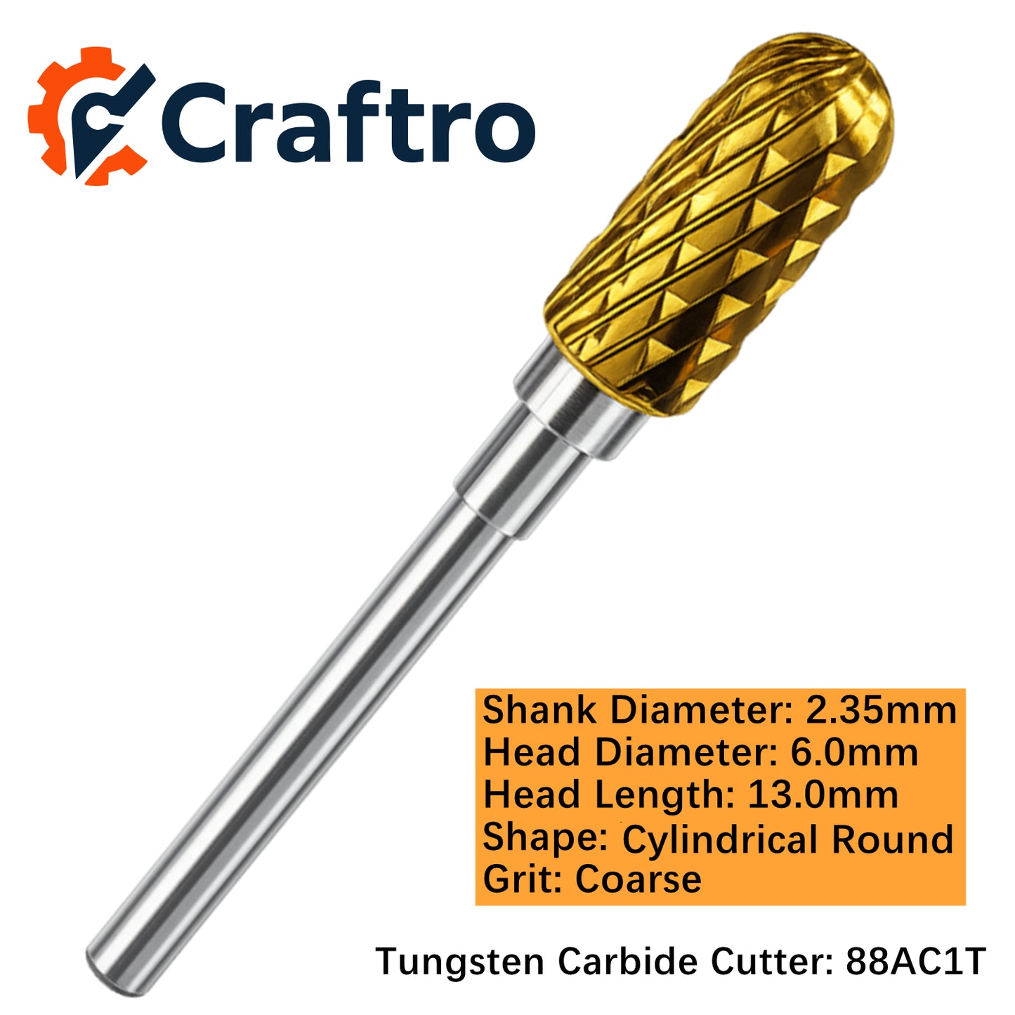 Craftro 3/32'' Carbide Cutter Bur Cylindrical Round End 88A Coarse 1/pk 6*13mm