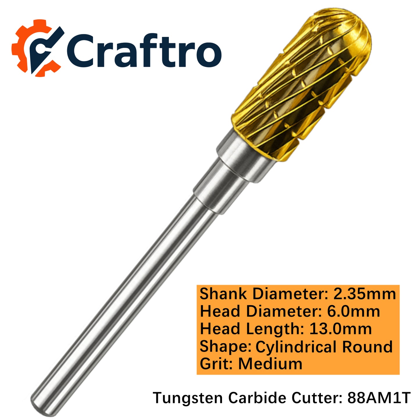 Craftro 3/32'' Carbide Cutter Bur Cylindrical Round End 88A Medium 1/pk 6*13mm