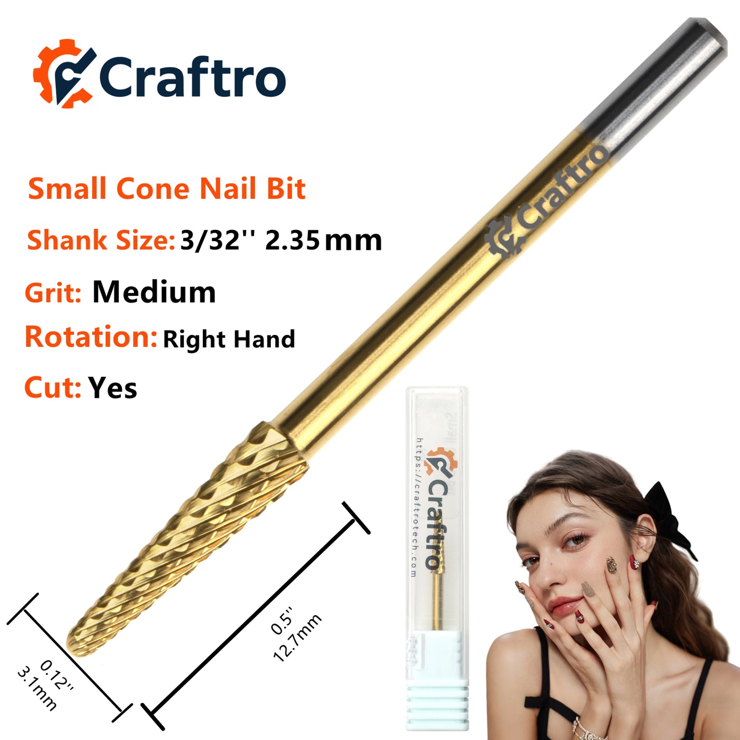 Craftro 3/32'' 3.1mm Diameter Tungsten Carbide Nail Drill Small Cone Bit Medium Grit, Gold Color