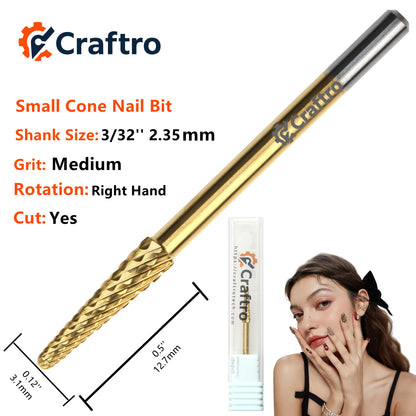 Craftro 3/32'' 3.1mm Diameter Tungsten Carbide Nail Drill Small Cone Bit Medium Grit, Gold Color