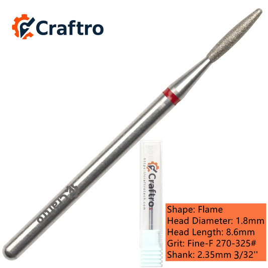 Craftro 3/32” 2.35mm Shank Electric Nail Drill Diamond Bit E-File Flame Shape Fine Grit Bits