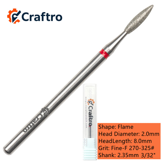 Craftro 3/32” 2.35mm Shank Nail Drill Diamond Bit Electric E-File Flame Shape Fine Grit Bits