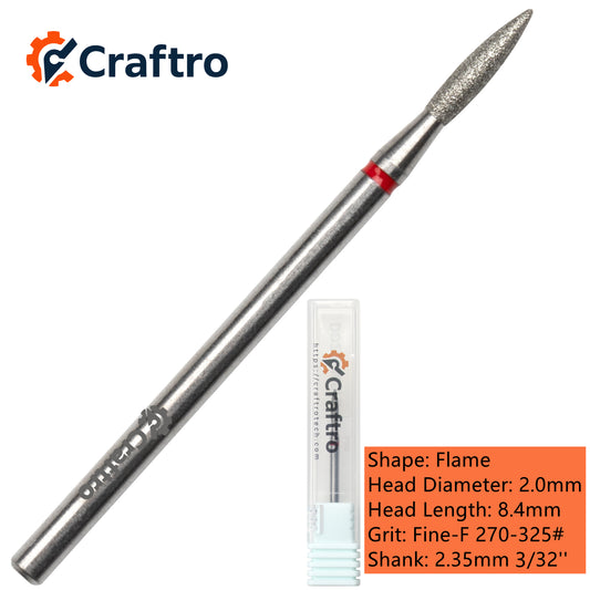 Craftro 3/32” 2.35mm Shank Diamond Nail Drill Bit for Electric E-File Flame Shape Fine Grit