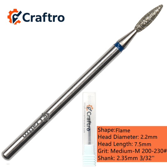 Craftro 3/32” 2.35mm Shank Electric Nail Drill Diamond Bit E-File Flame Shape Medium Grit Bits