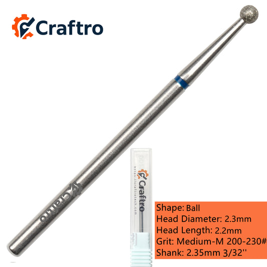 Craftro 3/32” 2.35mm Shank Nail Drill Diamond Bit Electric E-File Ball Shape Medium Grit Bits