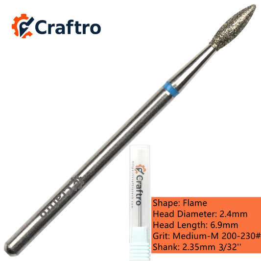 Craftro 3/32” 2.35mm Shank Nail Drill Diamond Bit Electric E-File Flame Shape Medium Grit Bits
