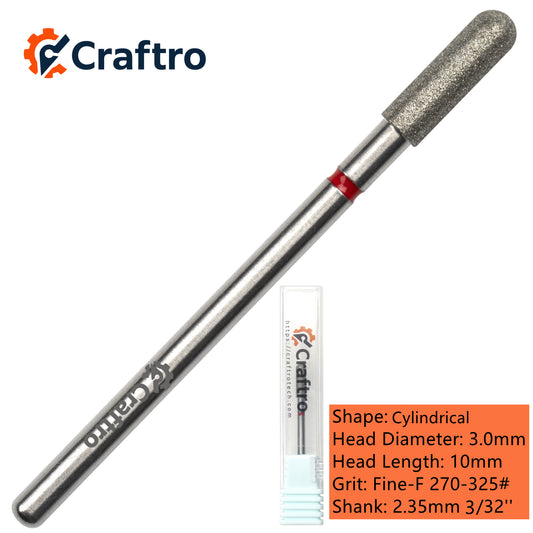 Craftro 3/32” 2.35mm Shank Nail Drill Diamond Bit Electric E-File Cylindrical Shape Fine Bits