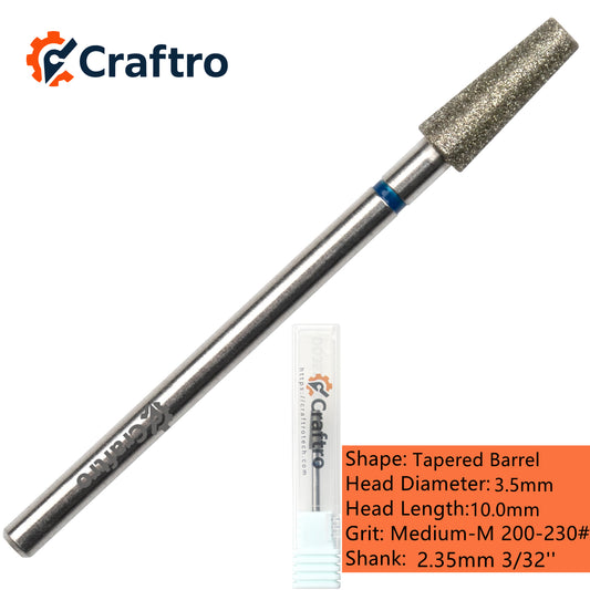 Craftro 3/32” 2.35mm Shank Electric Nail Drill Diamond Bit Tapered Barrel Shape E File Bits Medium Grit