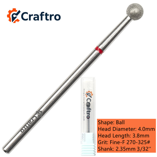Craftro 3/32” 2.35mm Shank Diamond Nail Drill Bit for Electric E-File Ball Shape Fine Grit