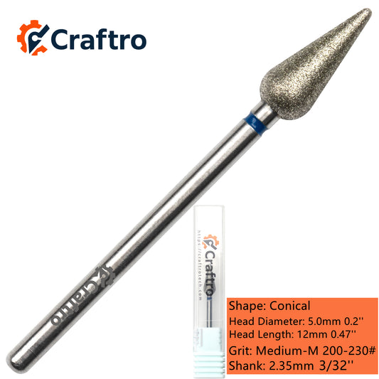 Craftro 3/32” 2.35mm Shank Nail Drill Diamond Bit Conical Shape Medium Grit for Electric File