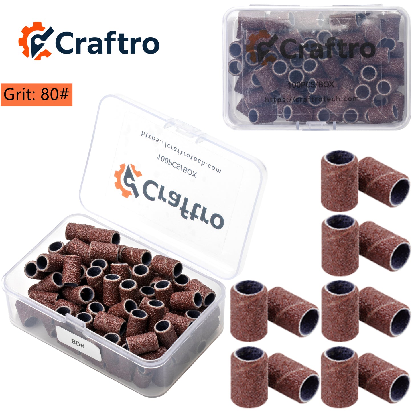 Craftro 100pc Nail Drill Brown Red Sanding Bands & 3/32'' Shank Mandrel 80 120 150 240 Grit