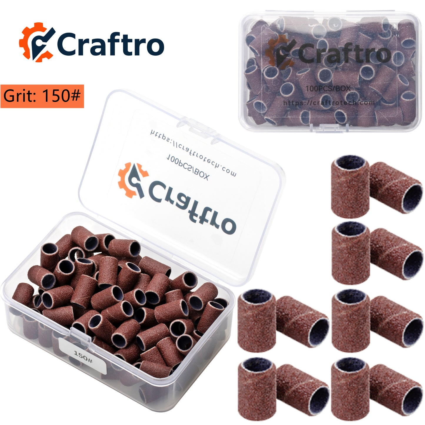 Craftro 100pc Nail Drill Brown Red Sanding Bands & 3/32'' Shank Mandrel 80 120 150 240 Grit