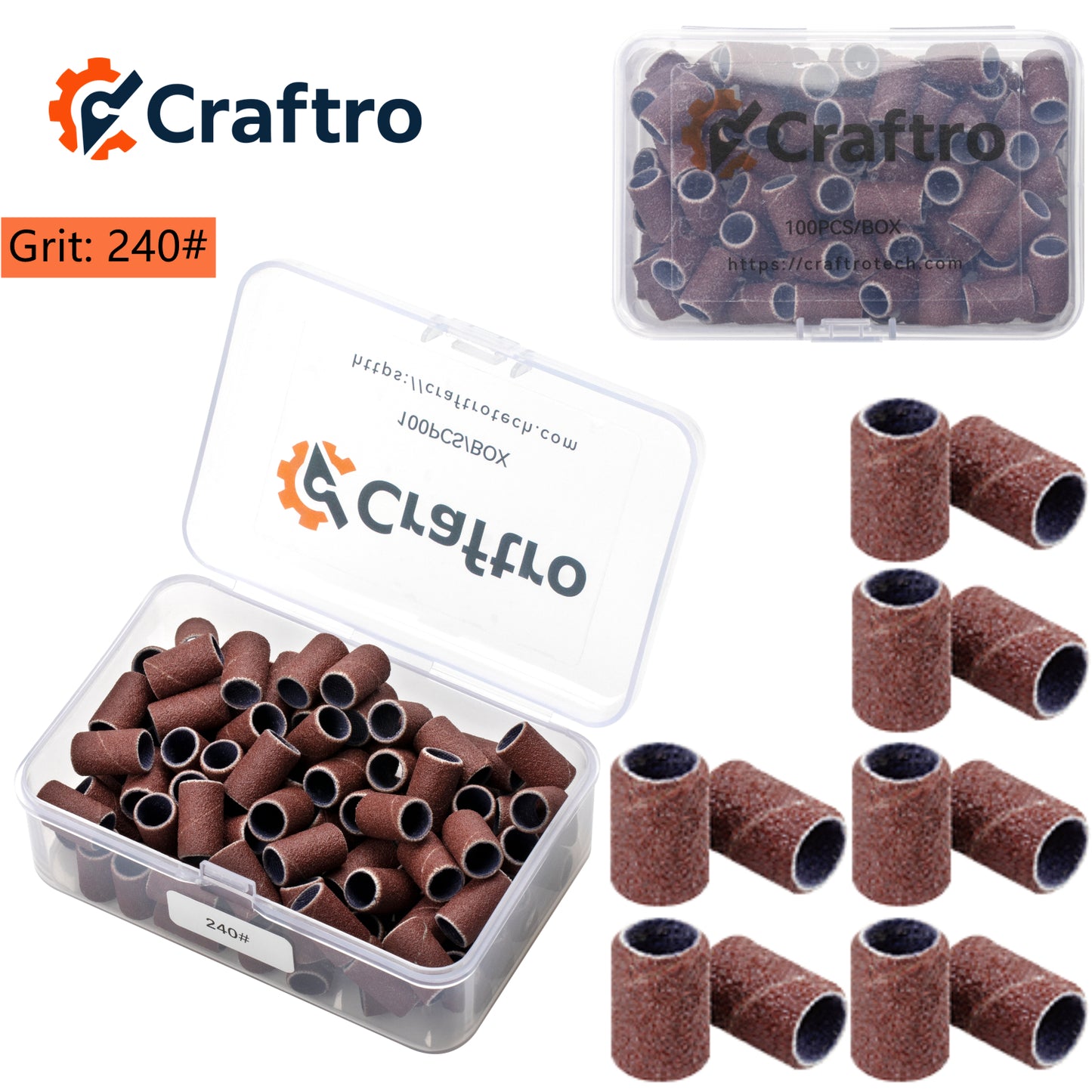 Craftro 100pc Nail Drill Brown Red Sanding Bands & 3/32'' Shank Mandrel 80 120 150 240 Grit