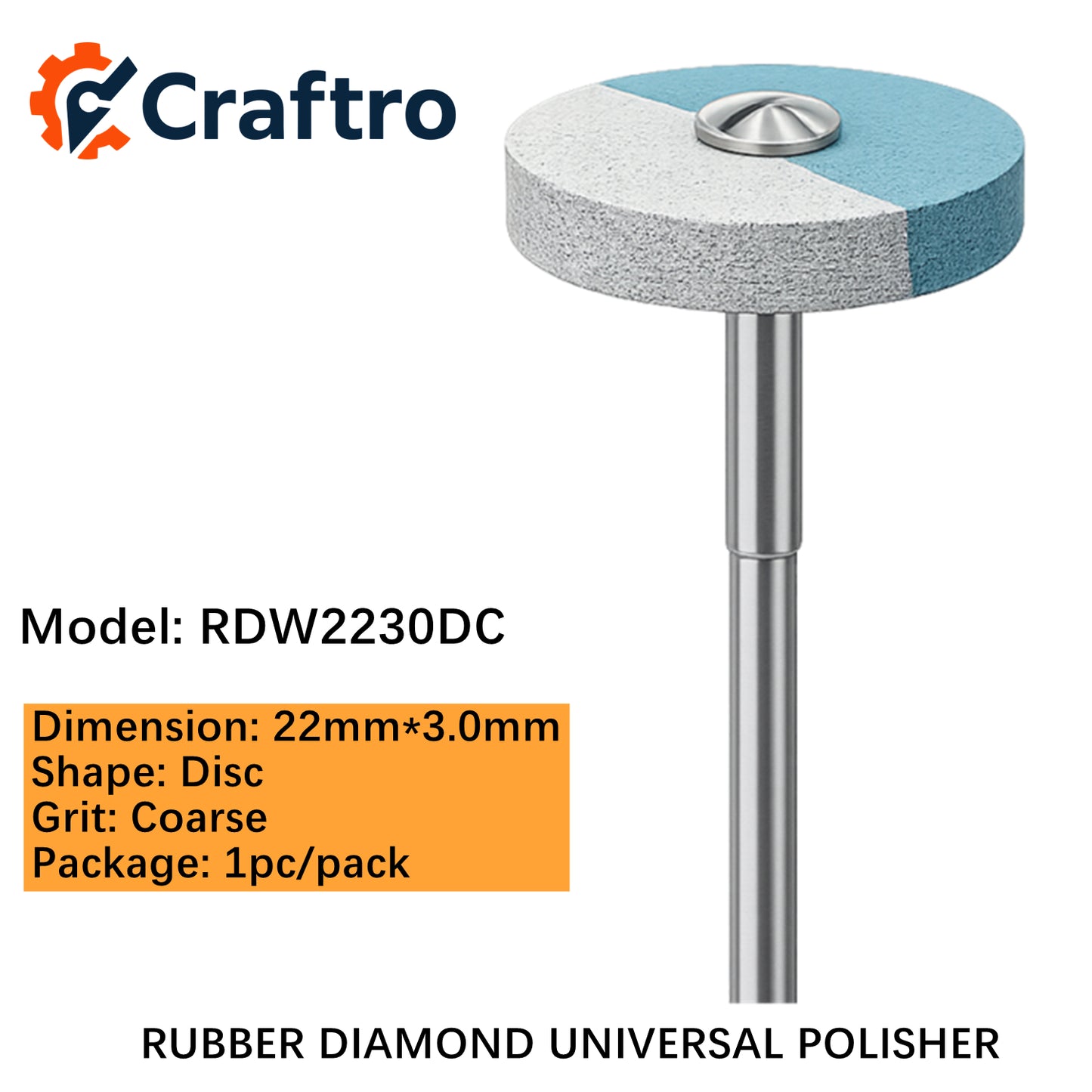 Craftro Dental Lab HP 2.35MM Rubber Diamond Universal Polisher Wheel 22*3mm Coarse 1pc/pk