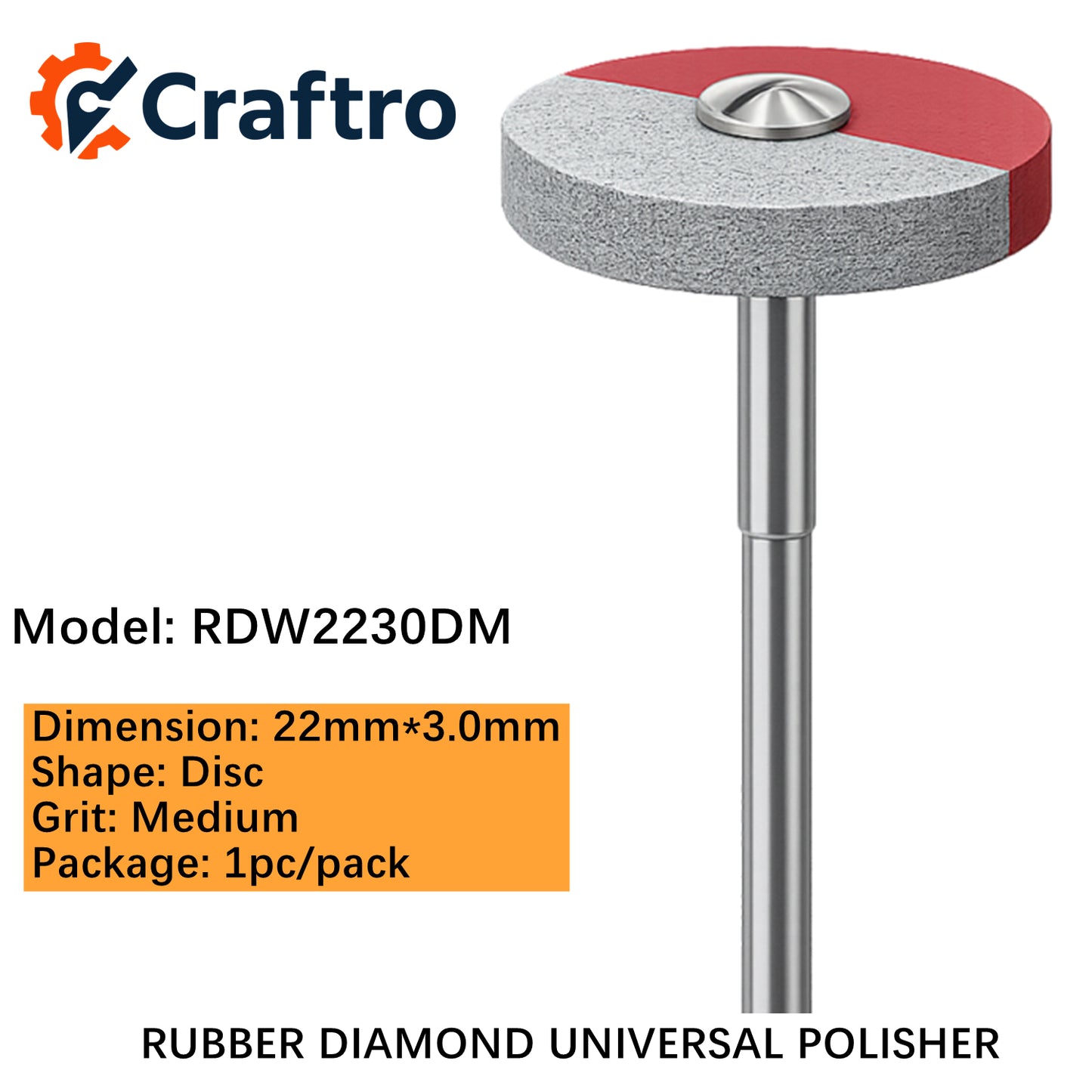 Craftro Dental Lab HP 2.35MM Rubber Diamond Universal Polisher Wheel 22*3mm Medium 1pc/pk