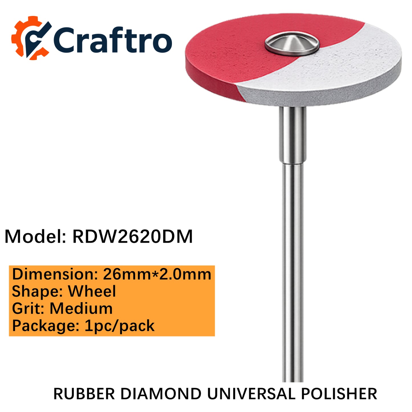 Craftro Dental Lab HP 2.35MM Rubber Diamond Universal Polisher Wheel 26*2mm Medium 1pc/pk