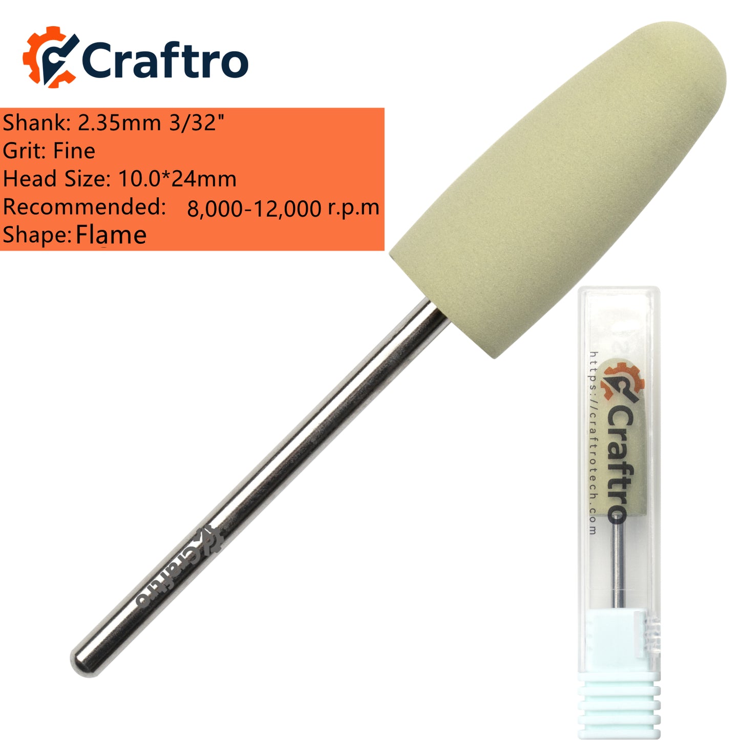 Craftro 3/32'' Shank Nail Drill Grinder Smoothing Silicone Polisher Bit Flame Fine Grit