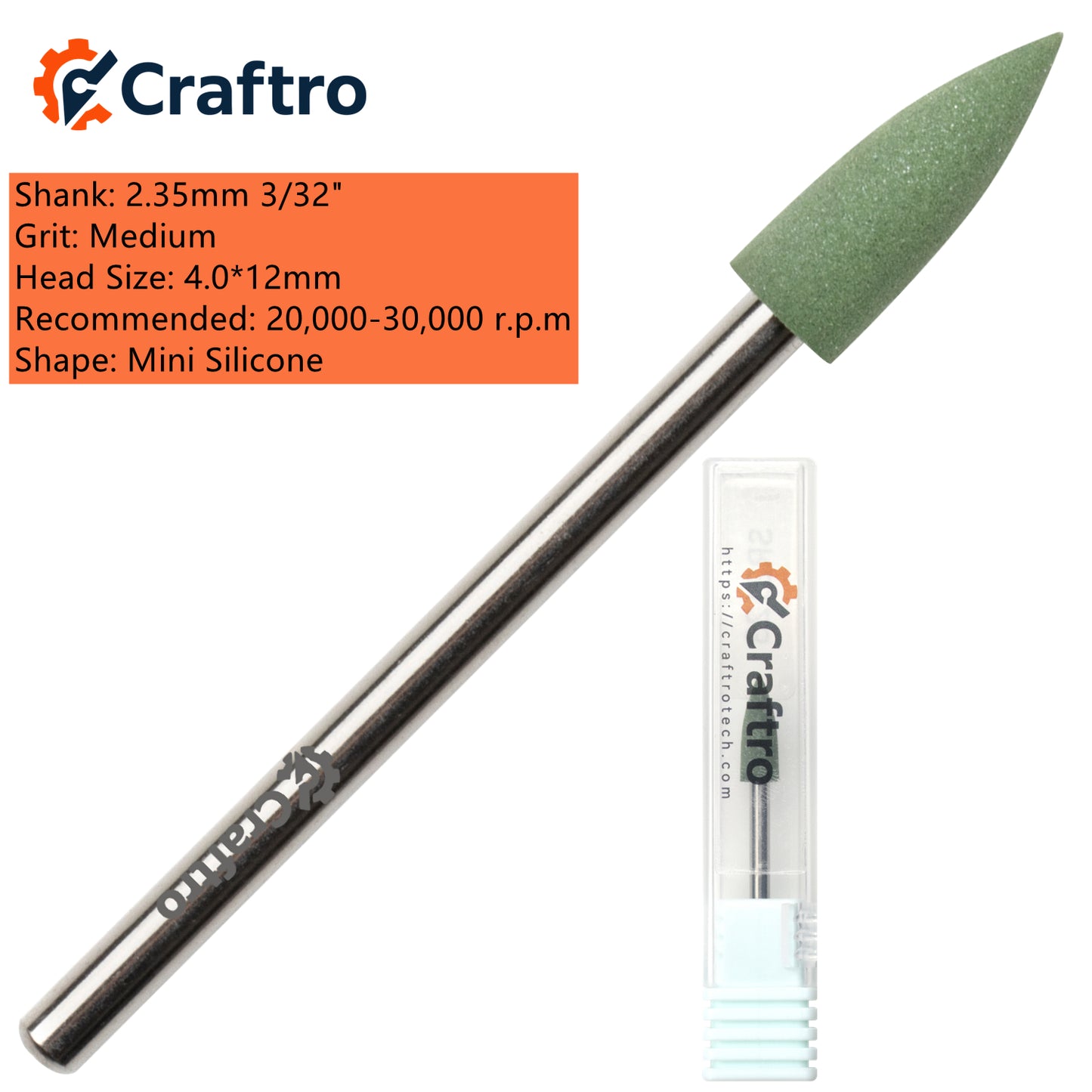Craftro 2.35mm 3/32'' Shank Nail Drill Silicone Polisher Bit Grinder Smoothing Bits, Medium Grit