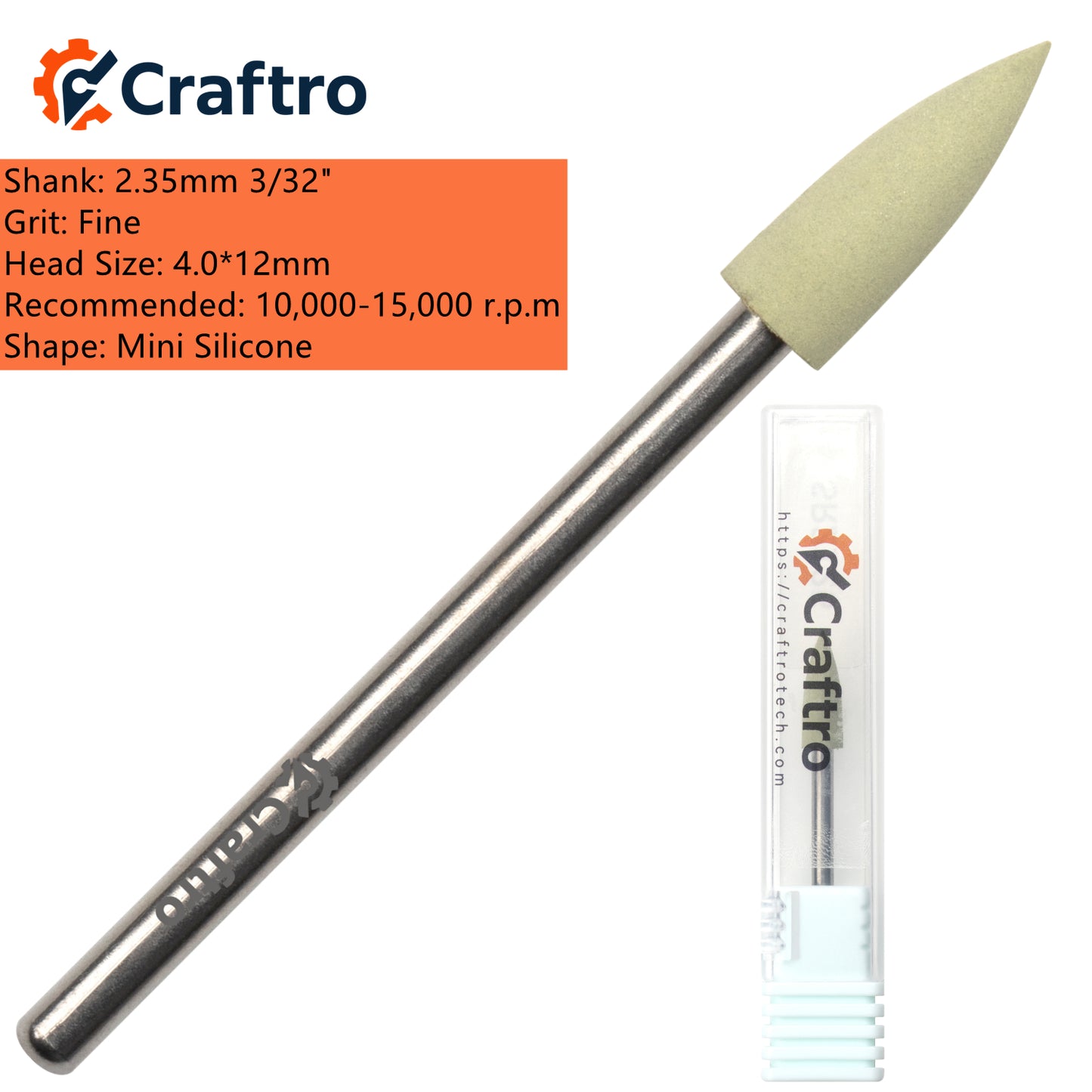 Craftro 3/32'' Shank Nail Drill Grinder Smoothing Mini Silicone Polisher Bit Fine Grit