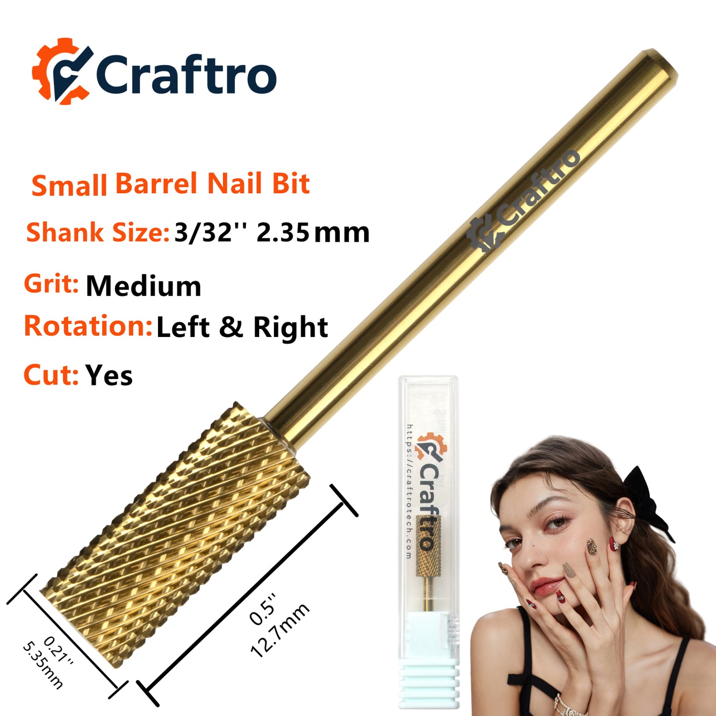Craftro 3/32'' 5.35mm Diameter Tungsten Carbide Nail Drill Small Barrel Bit Medium Grit Gold Color