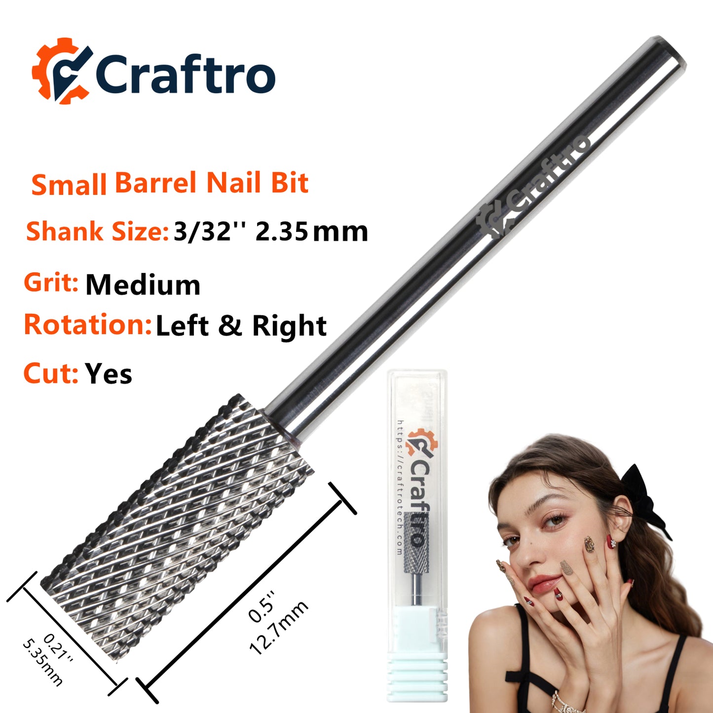 Craftro 3/32'' 5.35mm Diameter Tungsten Carbide Nail Drill Small Barrel Bit Medium Grit, Silver Color