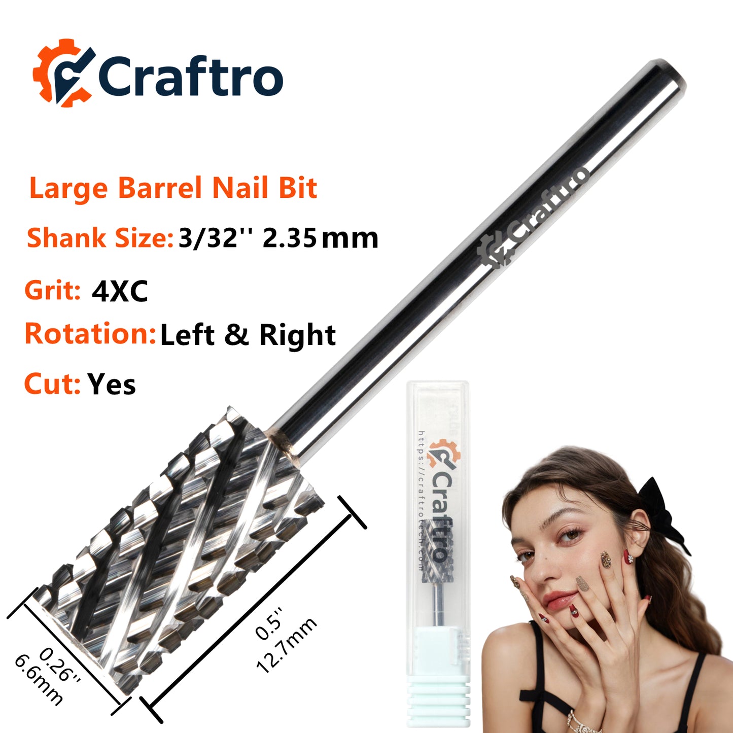 Craftro 3/32'' 6.6mm Diameter Tungsten Carbide Nail Drill Large Barrel Bit 4XC Grit, Silver