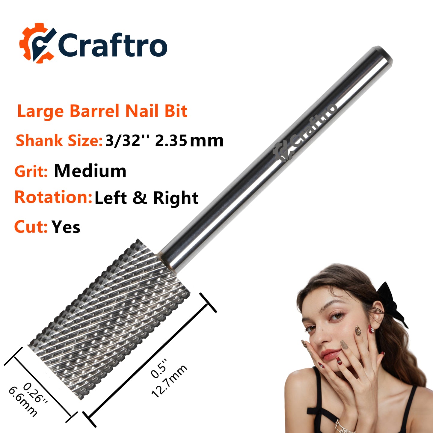 Craftro 3/32''  6.6mm Diameter Carbide Bit Nail Drill Large Barrel Bits Medium Grit, Silver