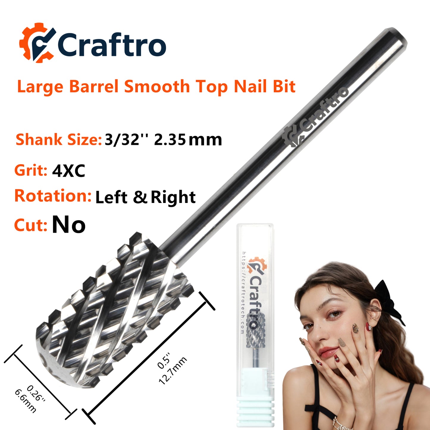 Craftro 3/32'' 6.6mm Diameter Nail Drill Carbide Large Barrel Smooth Top Bit, 4XC Grit, Silver