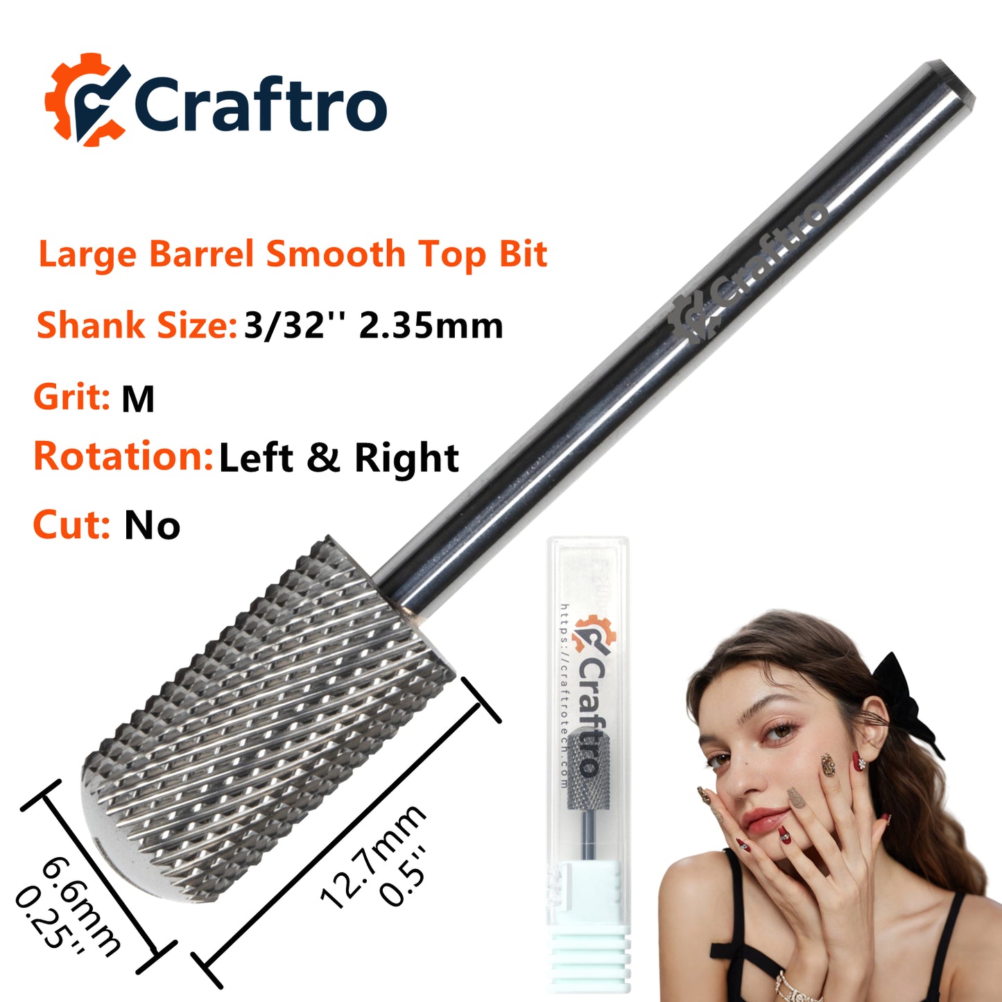 Craftro 3/32'' 6.6mm Diameter Nail Drill Carbide Bits Large Barrel Smooth Top Bit Medium Grit