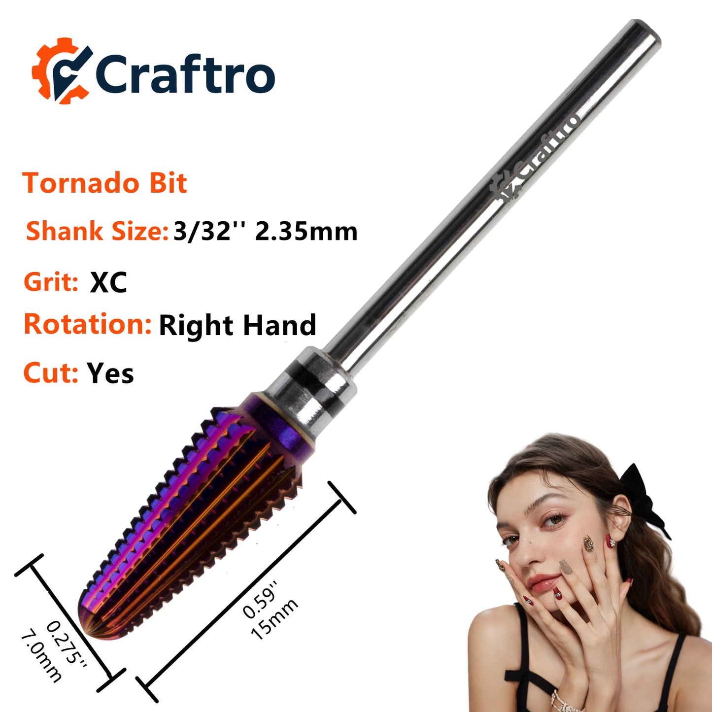 Craftro 3/32'' 7.0mm Diameter Tornado Bit Nail Tungsten Carbide Drill Bit XC Grit, Purple Color