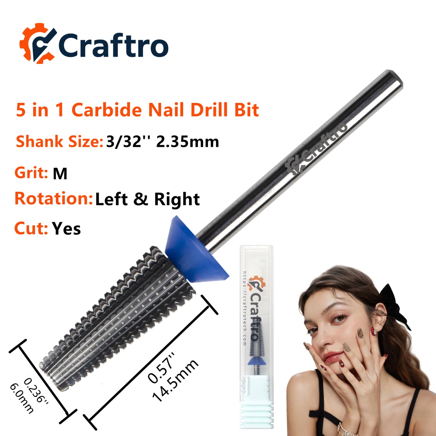 Craftro 3/32'' 6.0mm Diameter 5 in 1 Nail Drill Bits Tungsten Carbide Tapered Barrel Bit Silver Medium Grit