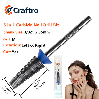 Craftro 3/32'' 6.0mm Diameter 5 in 1 Nail Drill Bits Tungsten Carbide Tapered Barrel Bit Silver Medium Grit