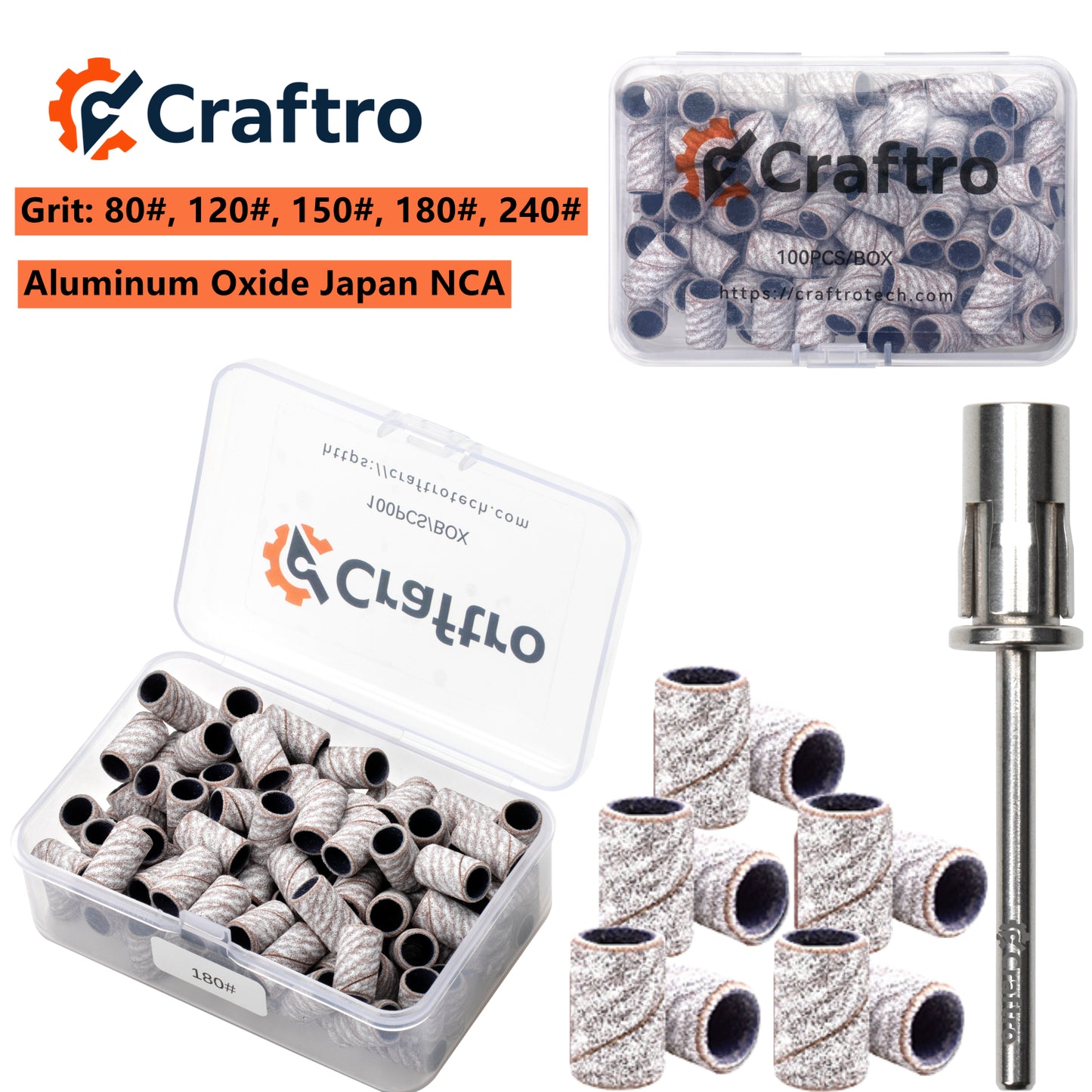 Craftro 100pc Nail Drill White Zebra Sanding Bands & 3/32'' Shank Mandrel 80 120 150 180 240 Grit
