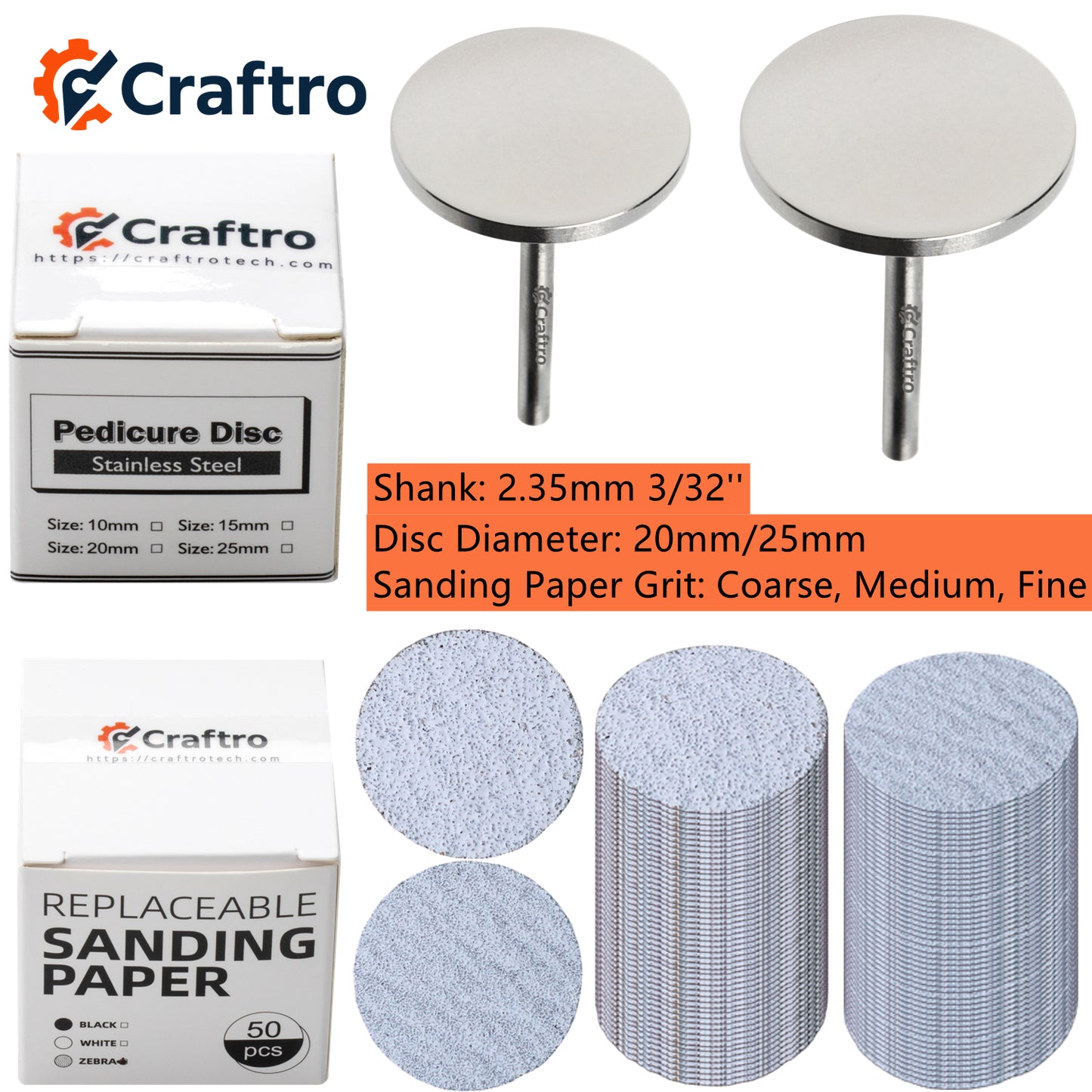 Craftro 20/25mm Diameter Aluminum Oxide Nail Sandpaper & Stainless Steel Disc Holder C M F Grit  2.35mm 3/32'' Shank