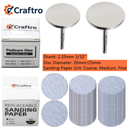 Craftro 20/25mm Diameter Aluminum Oxide Nail Sandpaper & Stainless Steel Disc Holder C M F Grit  2.35mm 3/32'' Shank