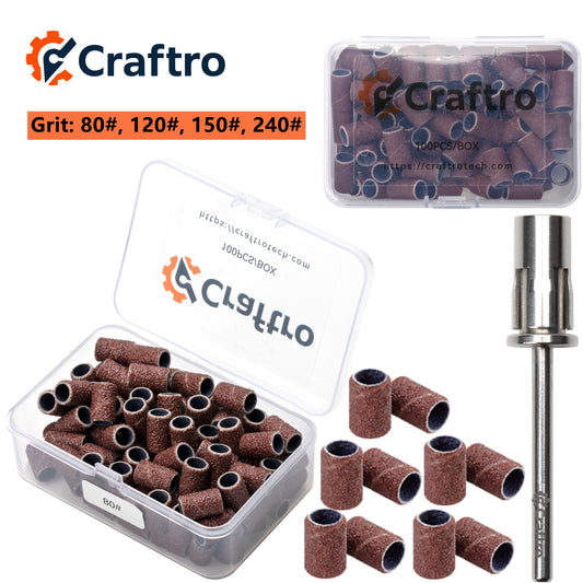 Craftro 100pc Nail Drill Brown Red Sanding Bands & 3/32'' Shank Mandrel 80 120 150 240 Grit